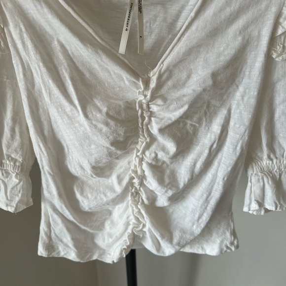 Anthropologie White Puff Sleeve Ruched Blouse - Picture 4 of 13